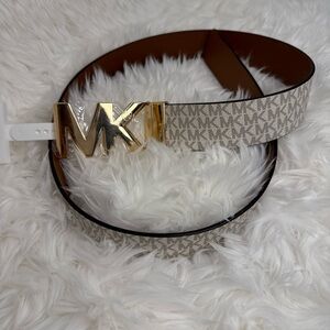 Michael Kors Reversible Logo Belt Gold Buckle Beige Brown Women Size S ✨🫶
